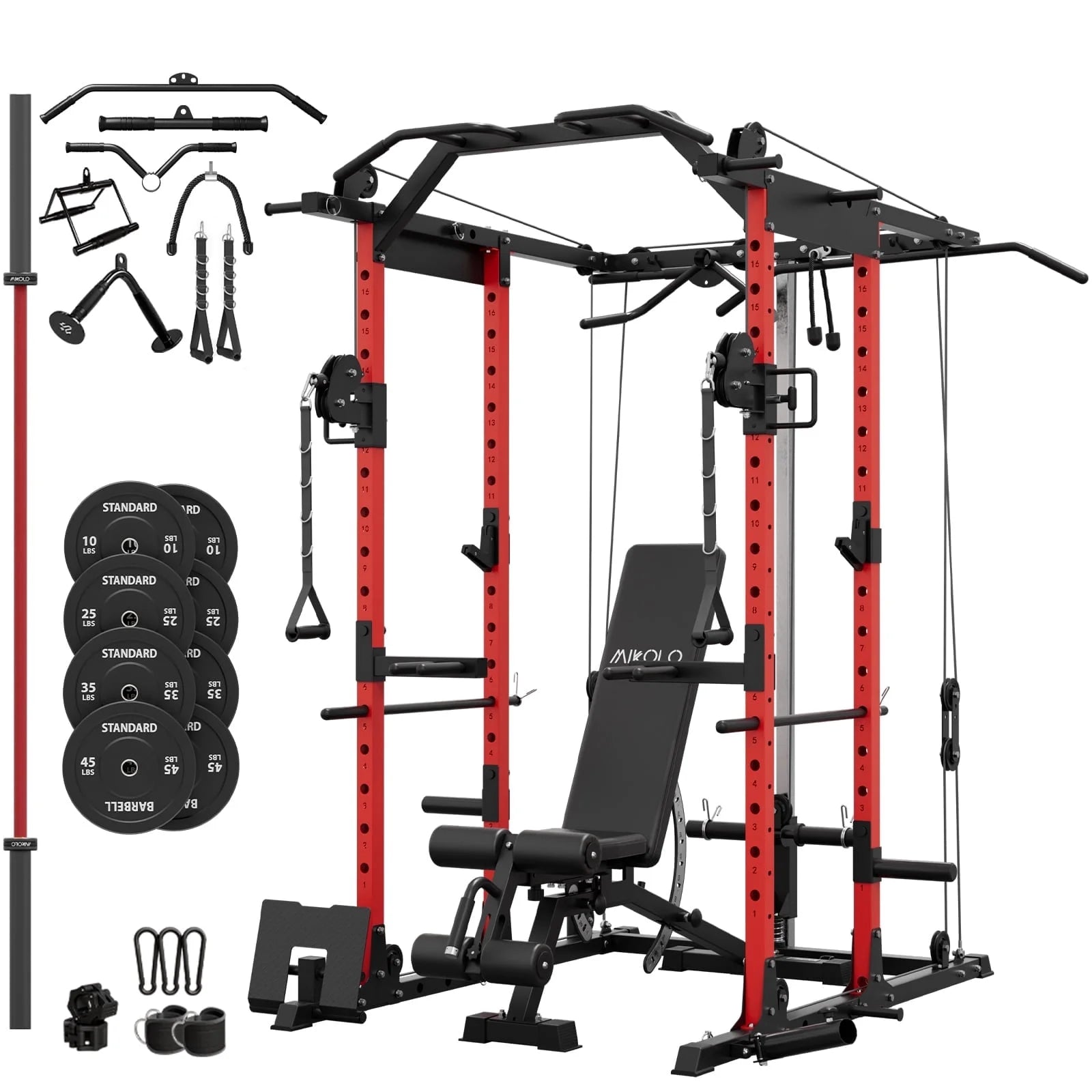 Power Rack Cage, 1500LBS Weight Cage with 800LB Capacity Adjustable Weight Bench, 1500LB Capacity Barbell and 230LB Weight Plate Set Red