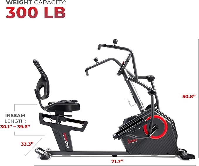 Sunny Health & Fitness Elite Recumbent Cross Trainer & Elliptical Machine with Arm Exercisers for Home Arm/Leg Training, Easy Adjust Seat & Mesh Backrest, Free SunnyFit App Bluetooth Connectivity