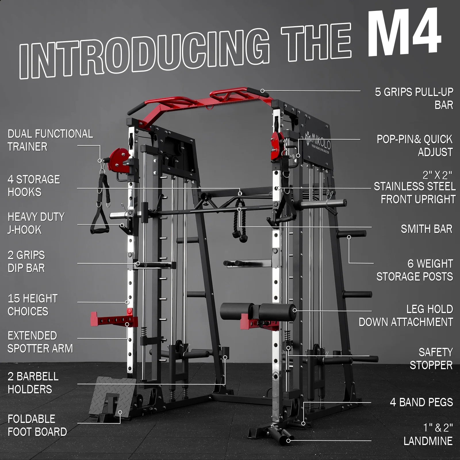 Smith Machine Home Gym, 2200 Lbs Power Rack Cage with 1200 Lbs Weight Bench and Cable Crossover System, Weight Bar, 360° Landmine, Home Gym