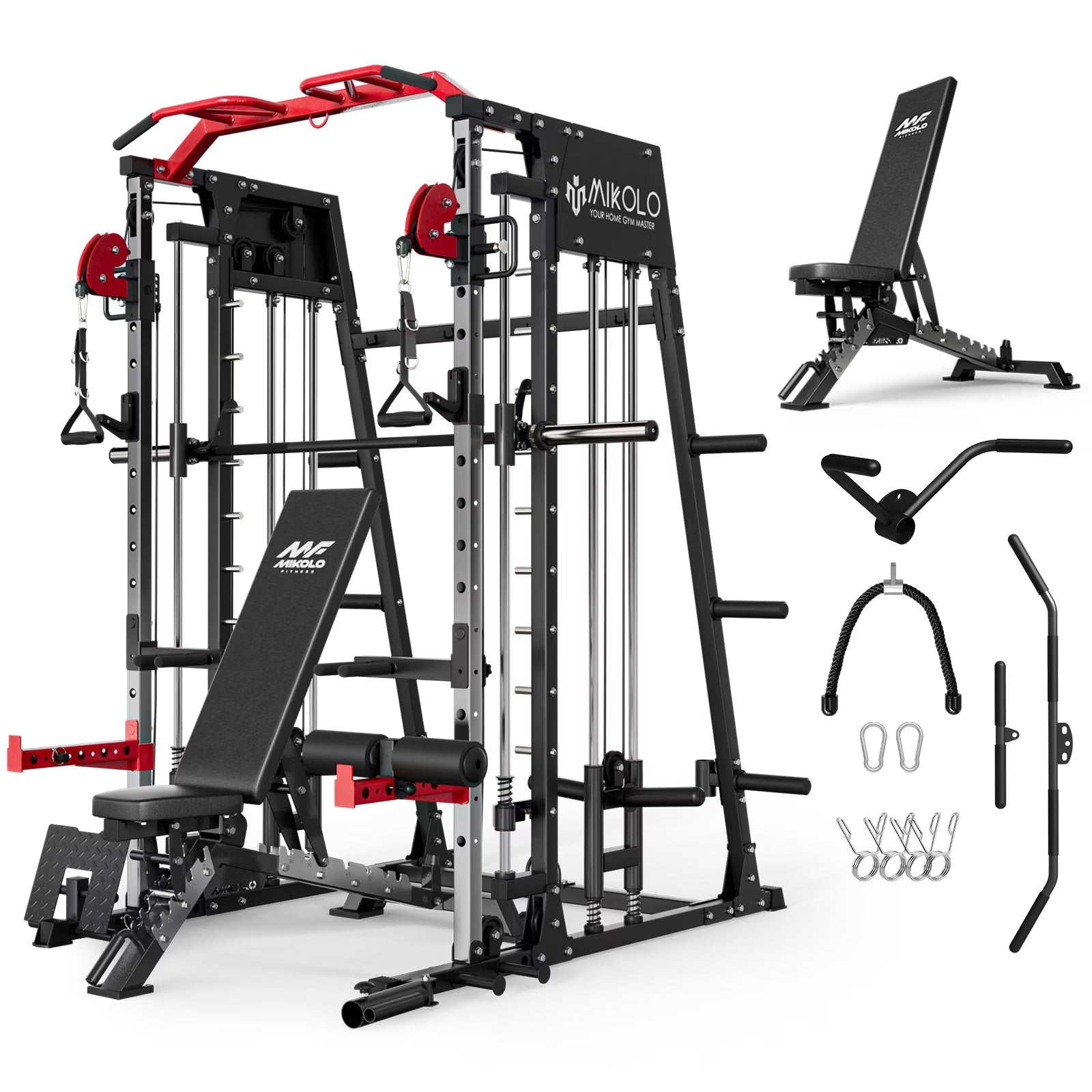 Smith Machine Home Gym, 2200 Lbs Power Rack Cage with 1200 Lbs Weight Bench and Cable Crossover System, Weight Bar, 360° Landmine, Home Gym