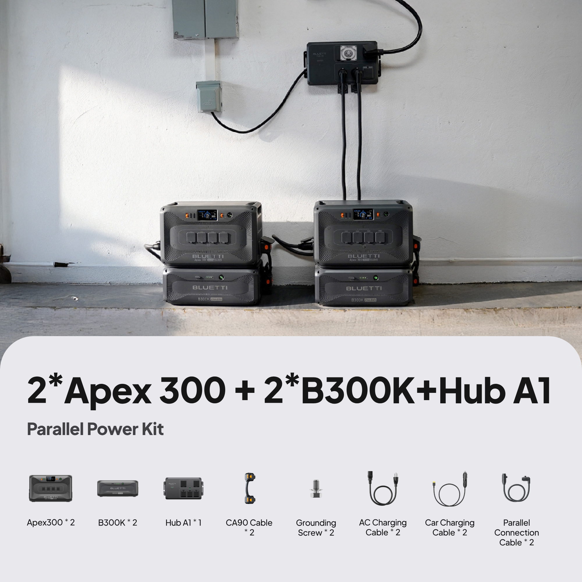 BLUETTI 2 × APEX 300 + 2 × B300K + Hub A1 Parallel Combo