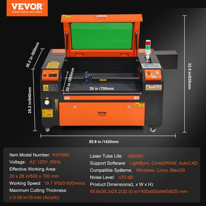 VEVOR 80W CO2 Laser Engraver and Cutter 20 X 28 in 19.7 IPS Engraving Machine
