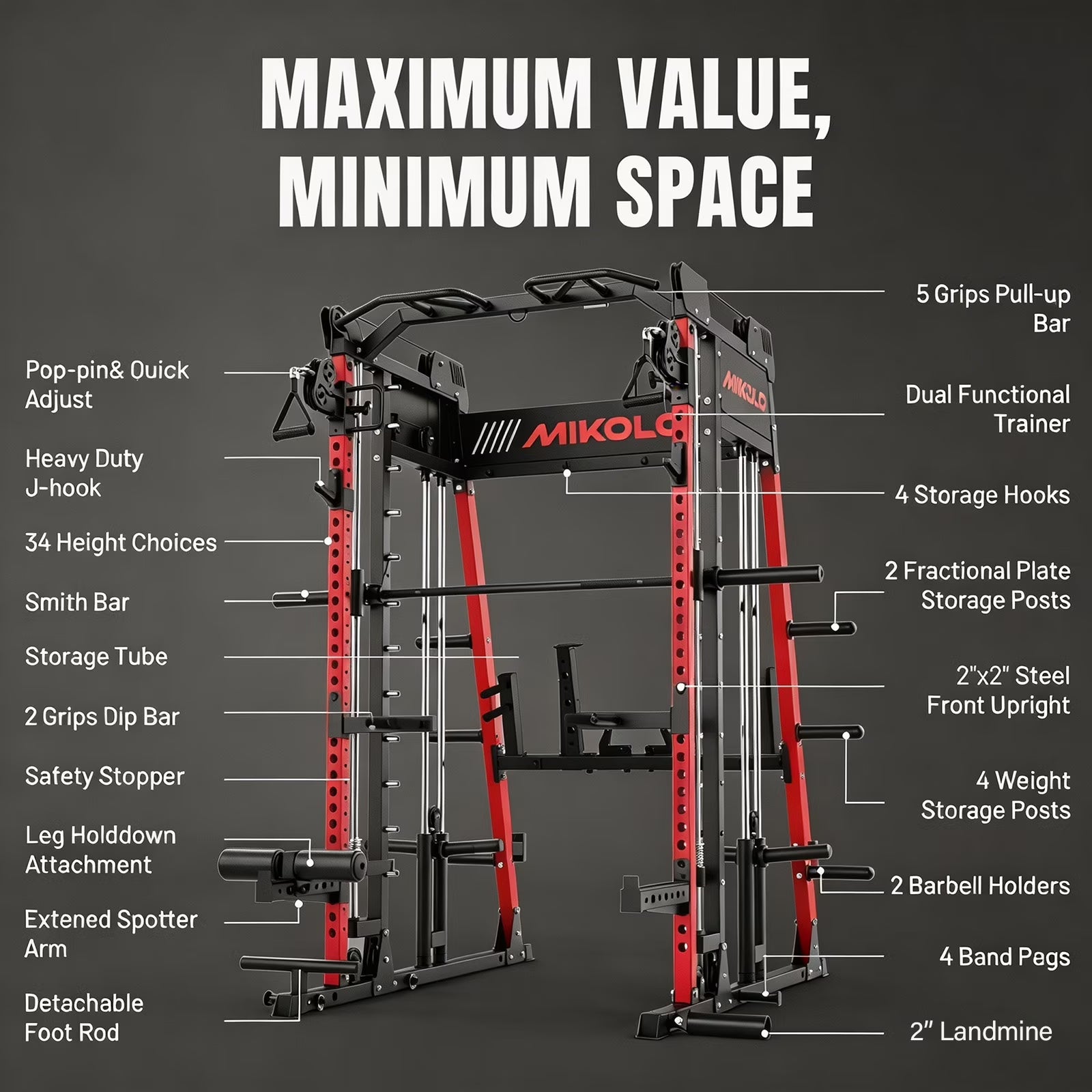 M11 Smith Machine, 2200Lbs Squat Rack with Lat-Pull down System & Cable Crossover Machine, Training Equipment with Leg Hold-Down Attachment