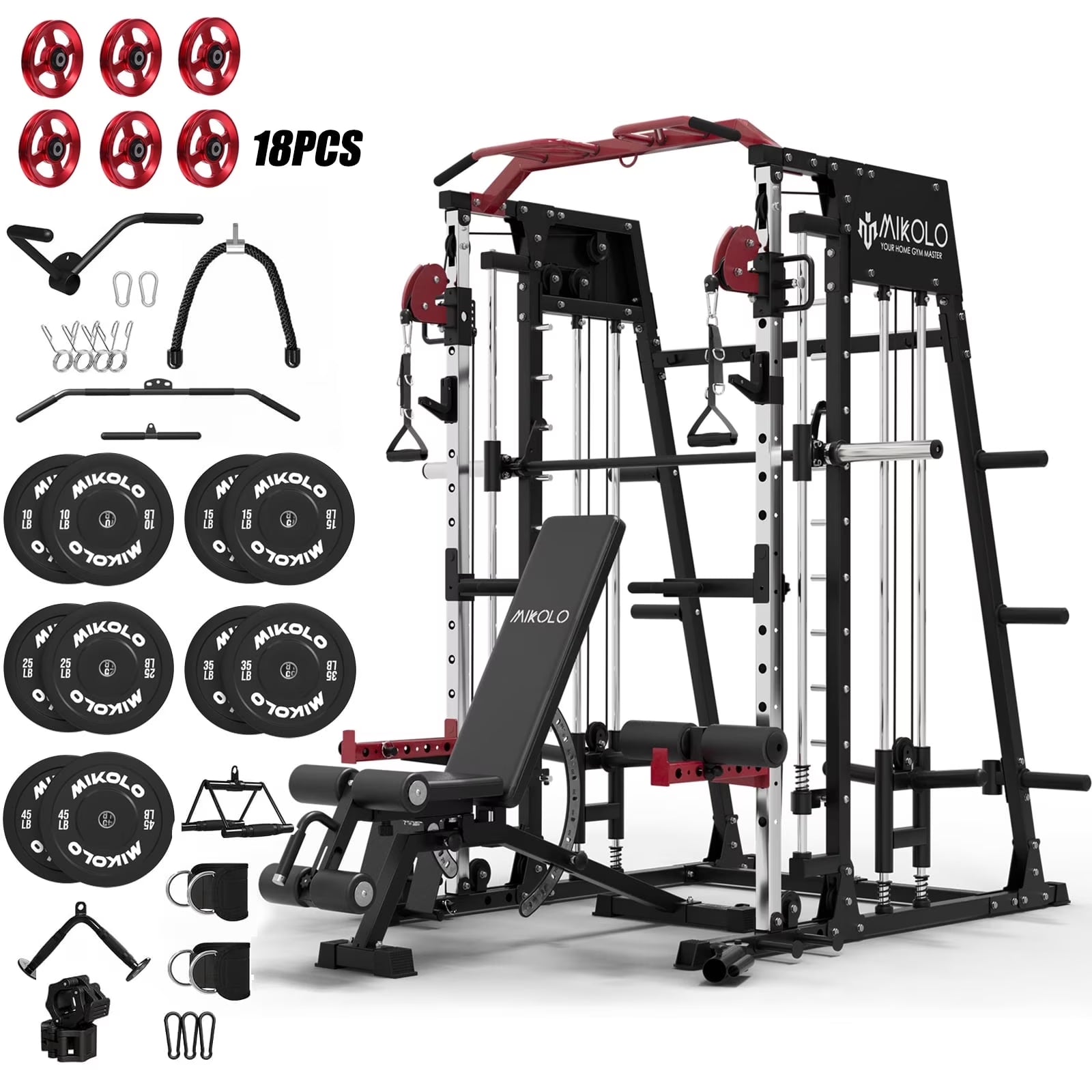 Smith Machine Home Gym, 2200 Lbs Power Rack Cage with Cable Crossover, Weight Bar, 360° Landmine, Barbell Holders and Other Attachments, Total Body Strength Training Cage