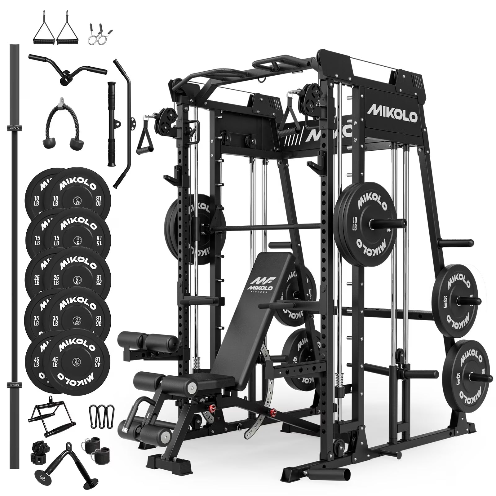 M11 Smith Machine, 2200Lbs Squat Rack with Lat-Pull down System & Cable Crossover Machine, Training Equipment with Leg Hold-Down Attachment