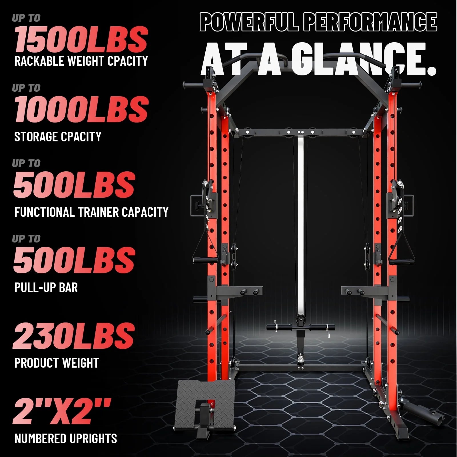 Power Rack Cage, 1500LBS Weight Cage with 800LB Capacity Adjustable Weight Bench, 1500LB Capacity Barbell and 230LB Weight Plate Set Red