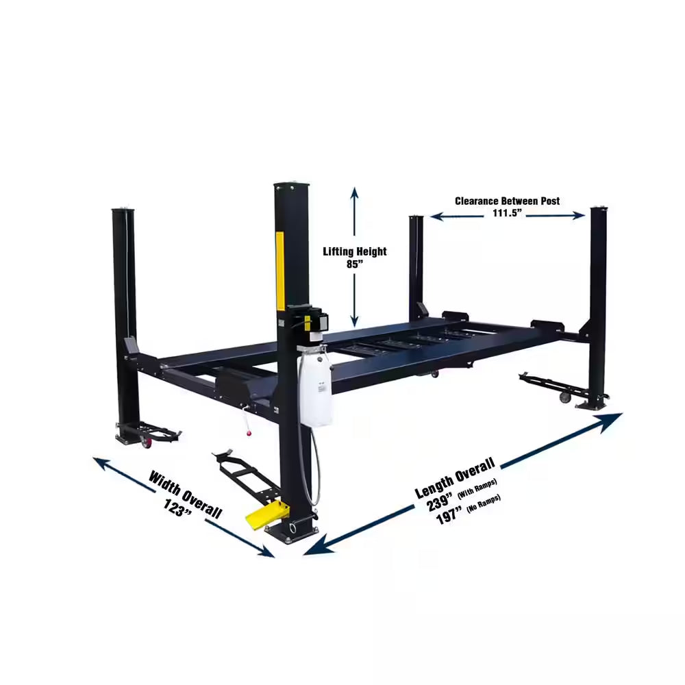 Storage 4-Post Car Lift 9,000 Lbs. Extended Length/Height - with Poly Casters, Drip Trays, Jack Tray