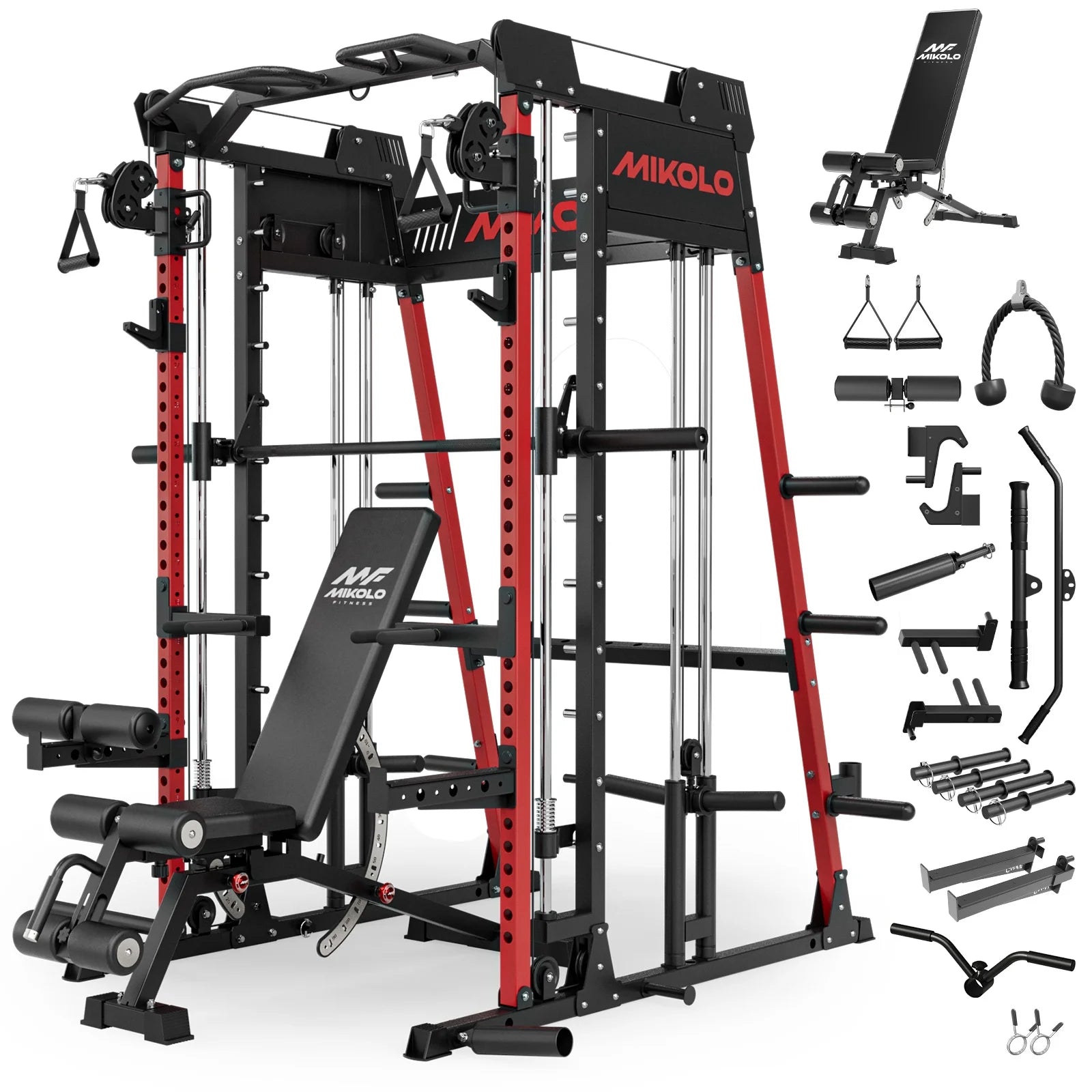 M11 Smith Machine, 2200Lbs Squat Rack with Lat-Pull down System & Cable Crossover Machine, Training Equipment with Leg Hold-Down Attachment