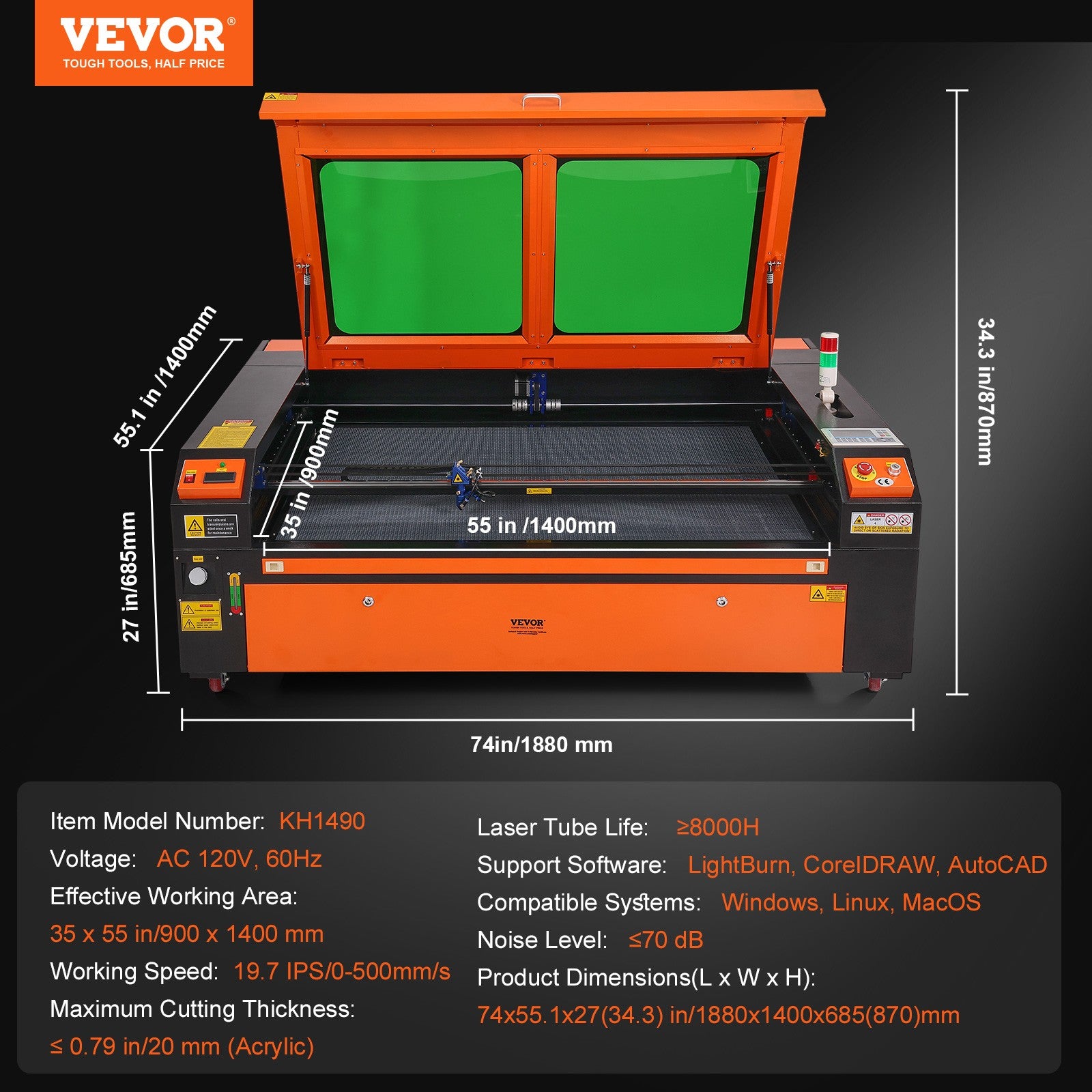 VEVOR 130W CO2 Laser Engraver and Cutter 35 X 55 in 19.7 IPS Engraving Machine