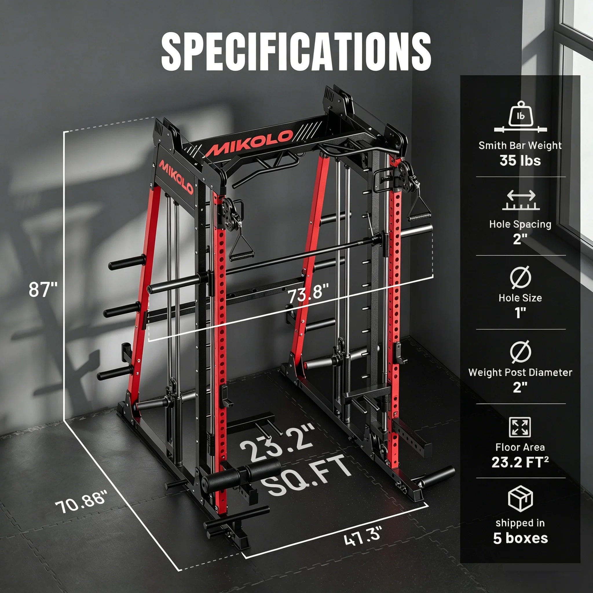M11 Smith Machine, 2200Lbs Squat Rack with Lat-Pull down System & Cable Crossover Machine, Training Equipment with Leg Hold-Down Attachment