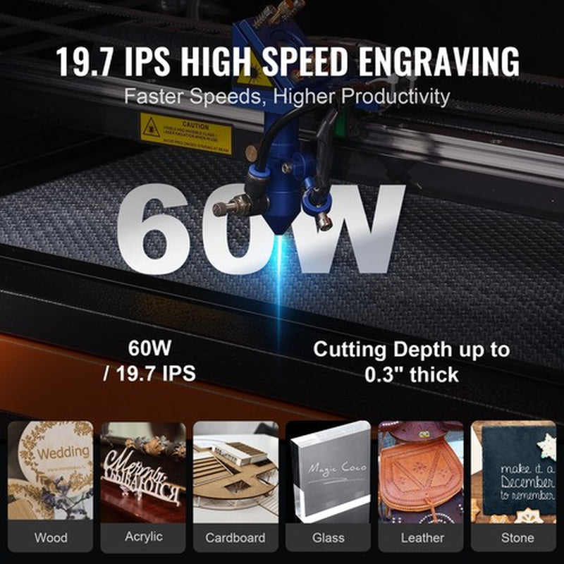 VEVOR 60W CO2 Laser Engraver and Cutter 16 X 24 in 19.7 IPS Engraving Machine